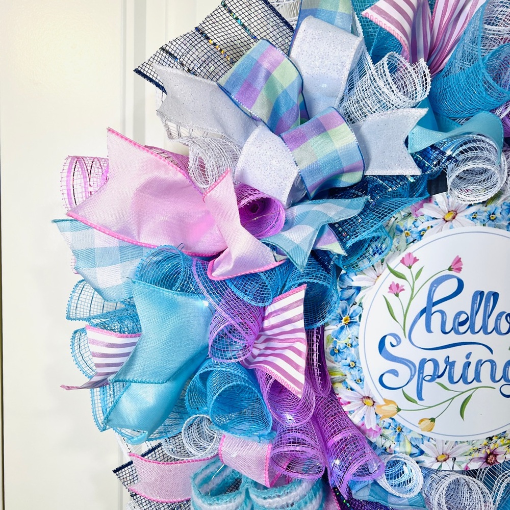 Handmade Hello Spring Prelit Ribbon Wreath 22 in LED W3 - Picture 5 of 9